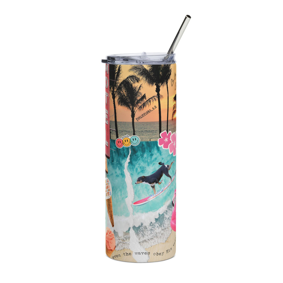Saved By Grace Beach 20oz Stainless Tumbler Retro Beach Collage Water Bottle