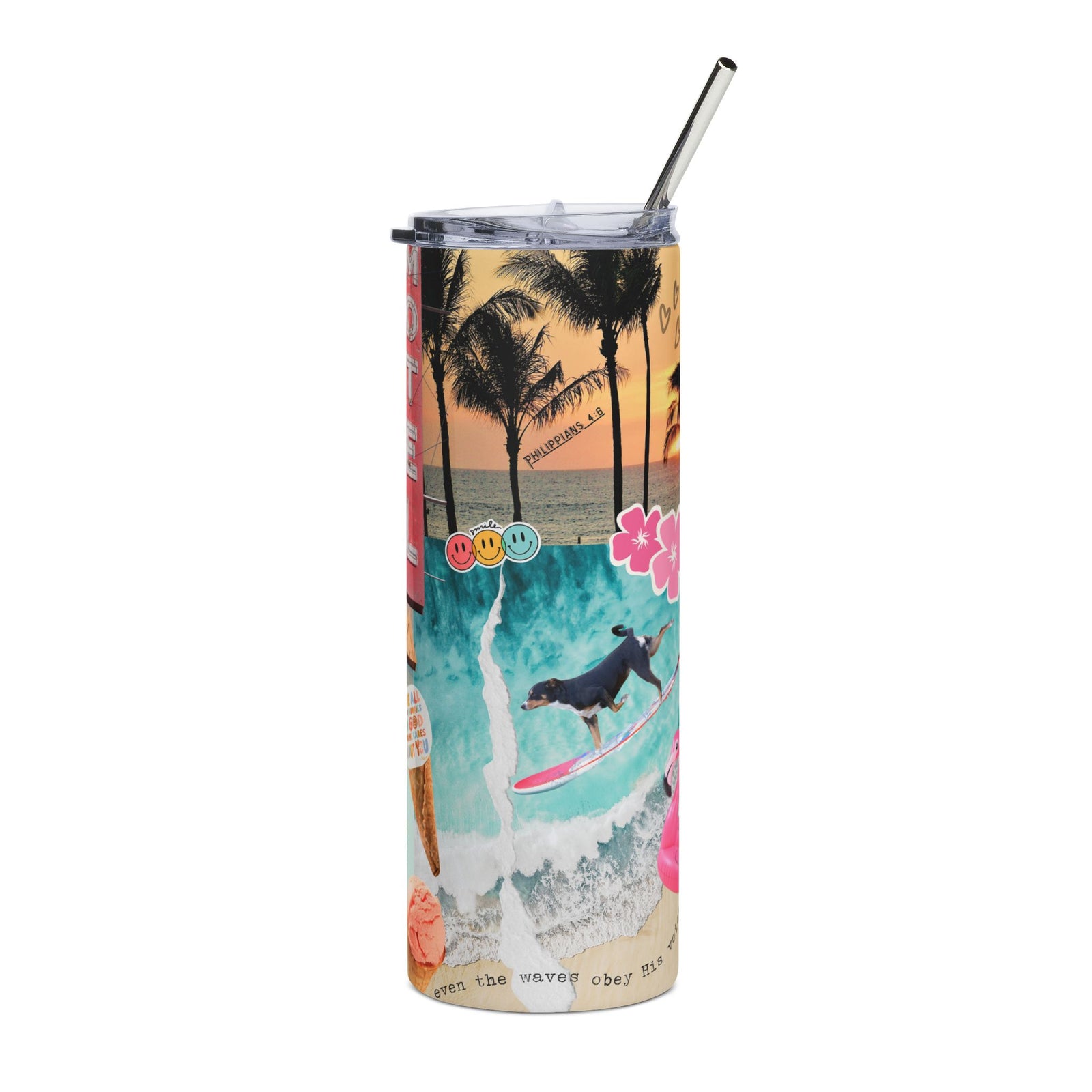 Saved By Grace Beach 20oz Stainless Tumbler Retro Beach Collage Water Bottle