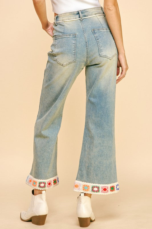 Davi & Dani Crochet Trim Flare Jeans with Pockets - Sydney So Sweet