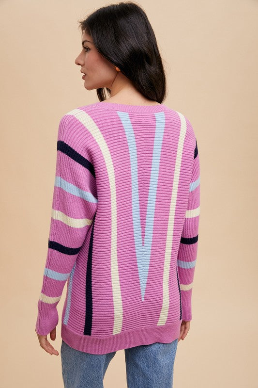 Annie Wear Chevron Stripe Round Neck Ribbed Sweater - Sydney So Sweet