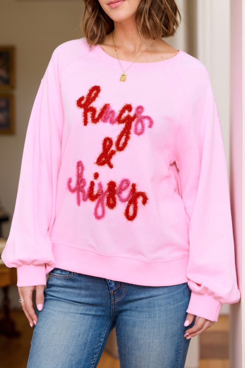 Hugs &amp; Kisses Round Neck Long Sleeve Sweatshirt - Sydney So Sweet