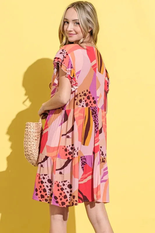 And The Why Printed Double Ruffles Sleeve Dress - Sydney So Sweet