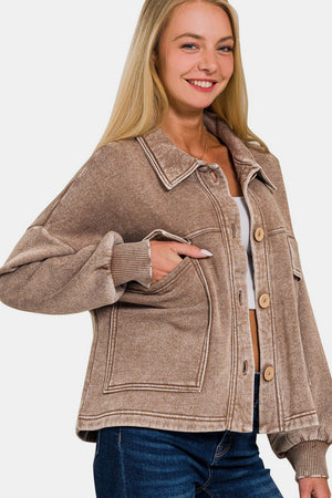 Zenana Wash Fleece Front Pocket Button Up Shacket - Sydney So Sweet