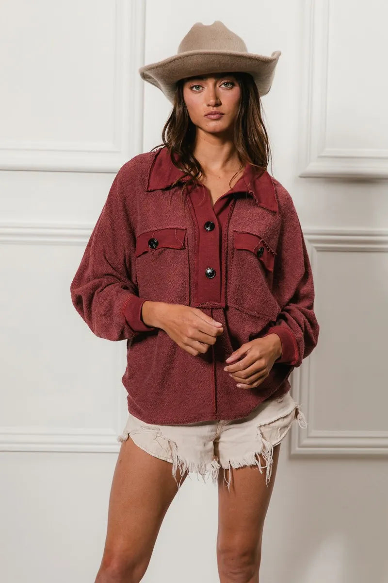 BiBi Cp French Terry Cut Edge Detail Collared Top - Sydney So Sweet