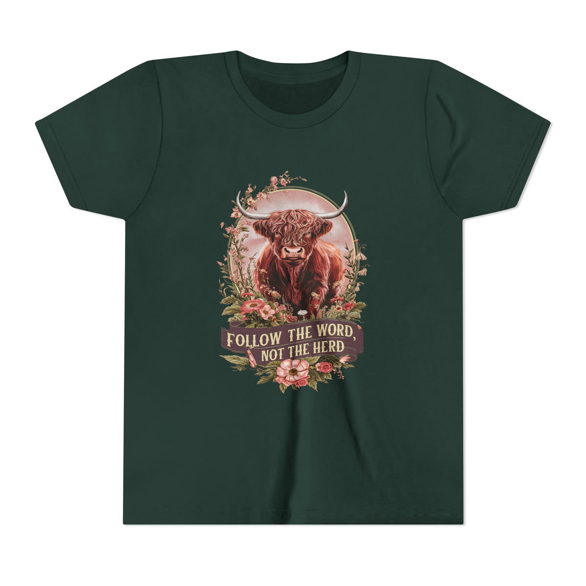 Follow the Word Not the Herd Kids T-Shirt Highland Cow Christian Graphic Tee
