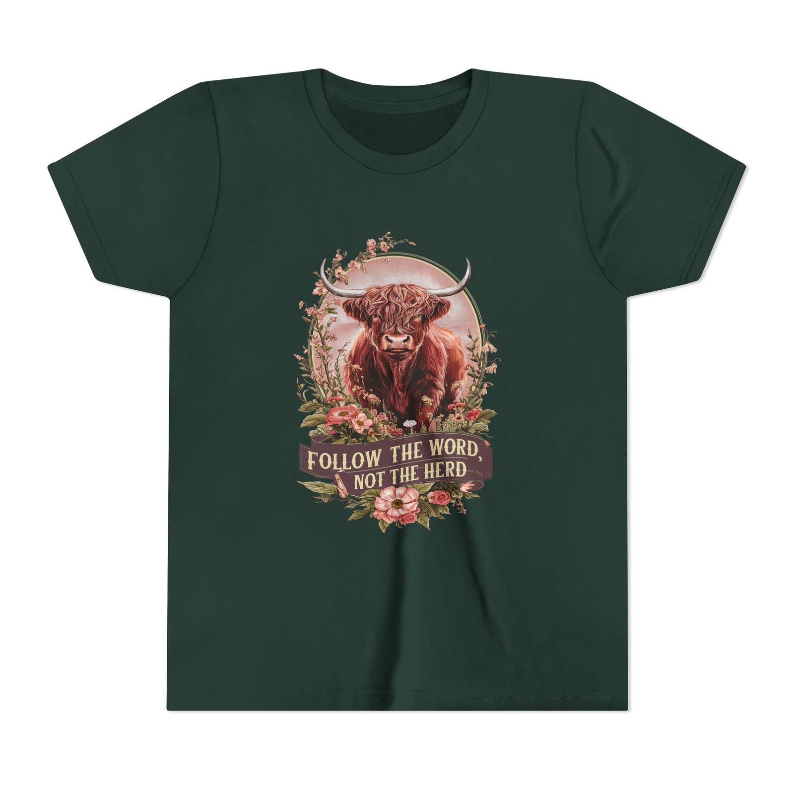 Follow the Word Not the Herd Kids T-Shirt Highland Cow Christian Graphic Tee