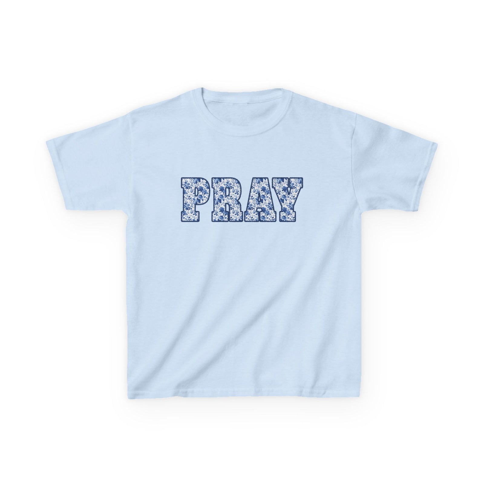Pray Blue Floral Kids T-Shirt Youth Christian Faith Graphic Tee