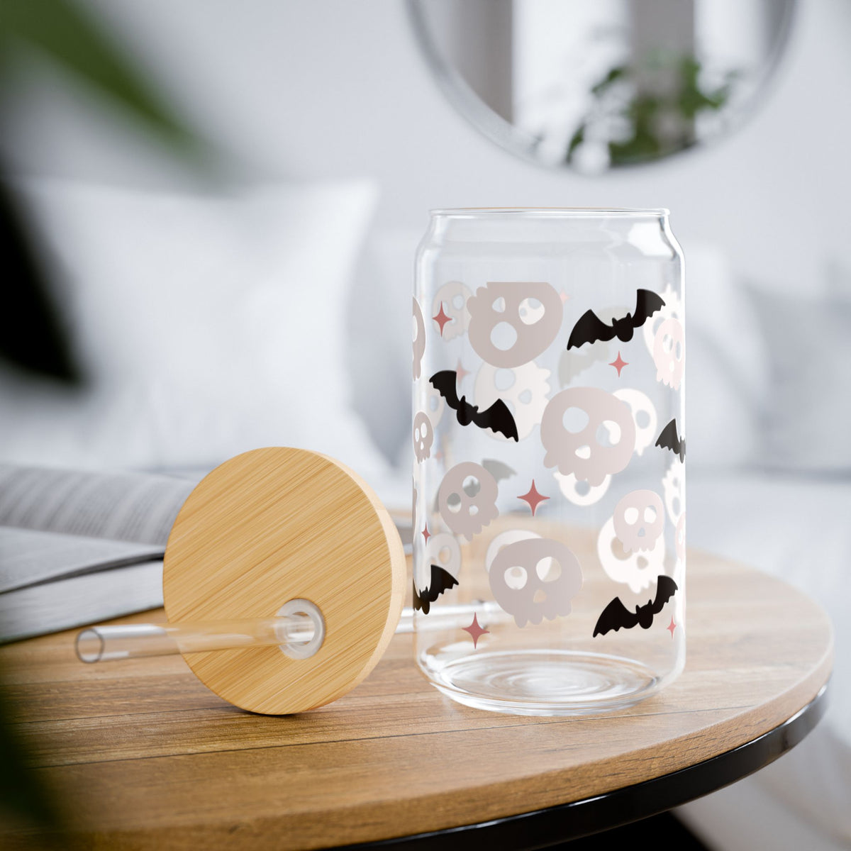 Spooky Halloween Skull & Bats Sipper Glass 16oz Reusable Drink Jar with Lid & Straw