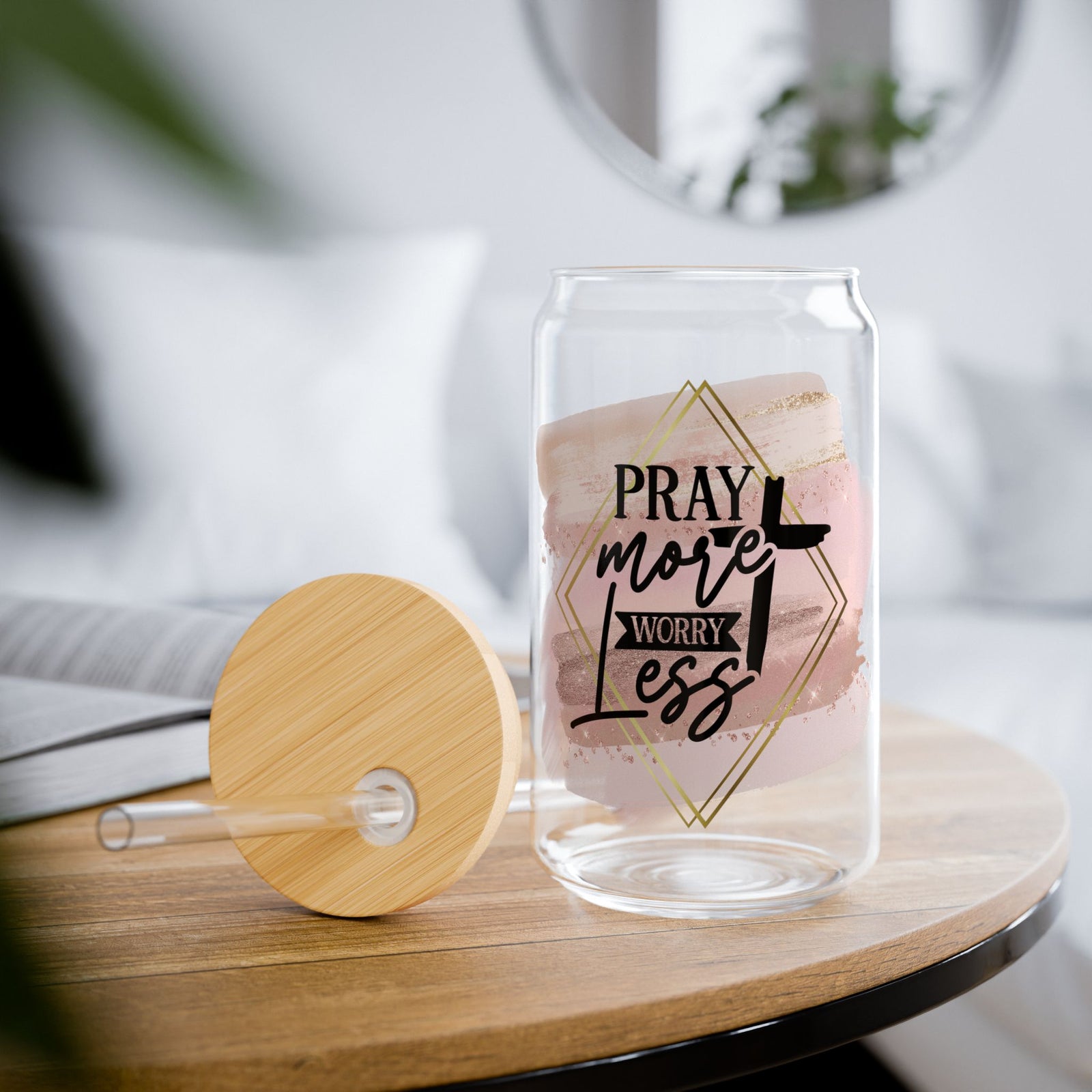 Pray More Worry Less Christian Tumbler Sipper Glass 16oz — Reusable Drink Jar with Lid & Straw