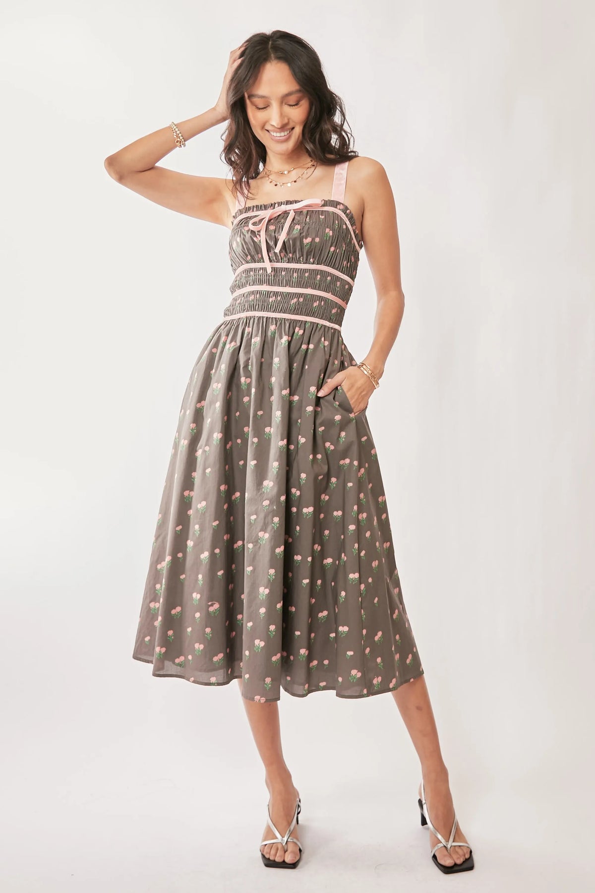 Davi & Dani Contrast Velvet Tape Smocking Bodice Midi Dress - Sydney So Sweet