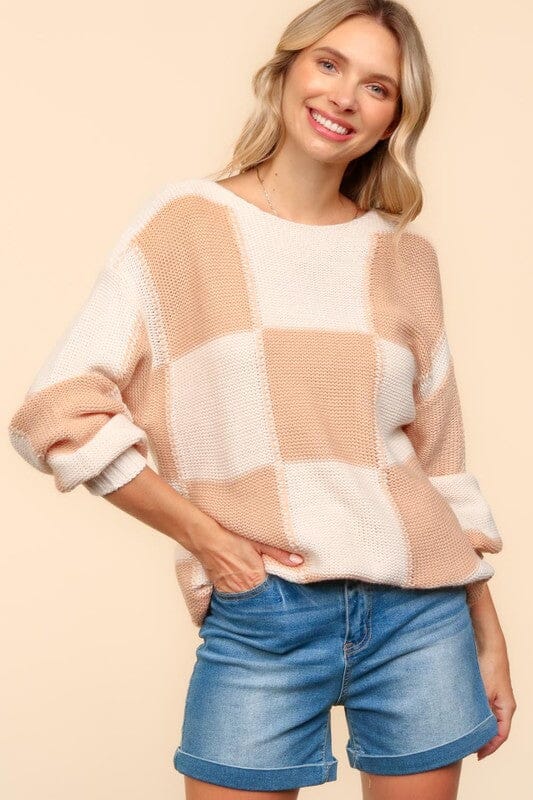 Haptics Full Size Checkered Round Neck Drop Shoulder Sweater - Sydney So Sweet