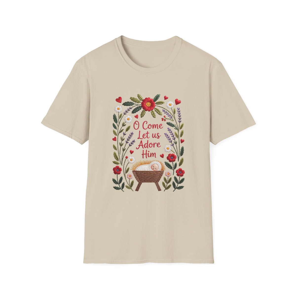 O Come Let Us Adore Him Christmas Tee Faux Embroidery Christian T-Shirt