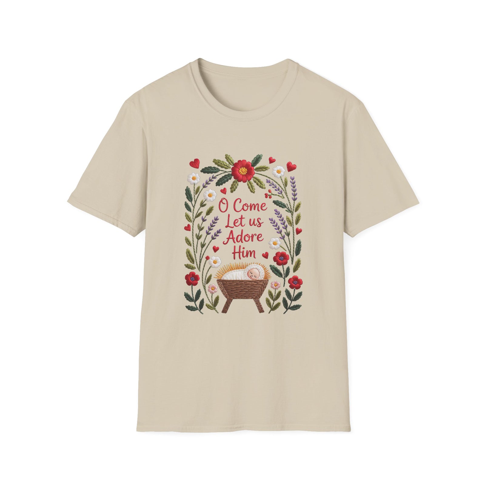O Come Let Us Adore Him Christmas Tee Faux Embroidery Christian T-Shirt