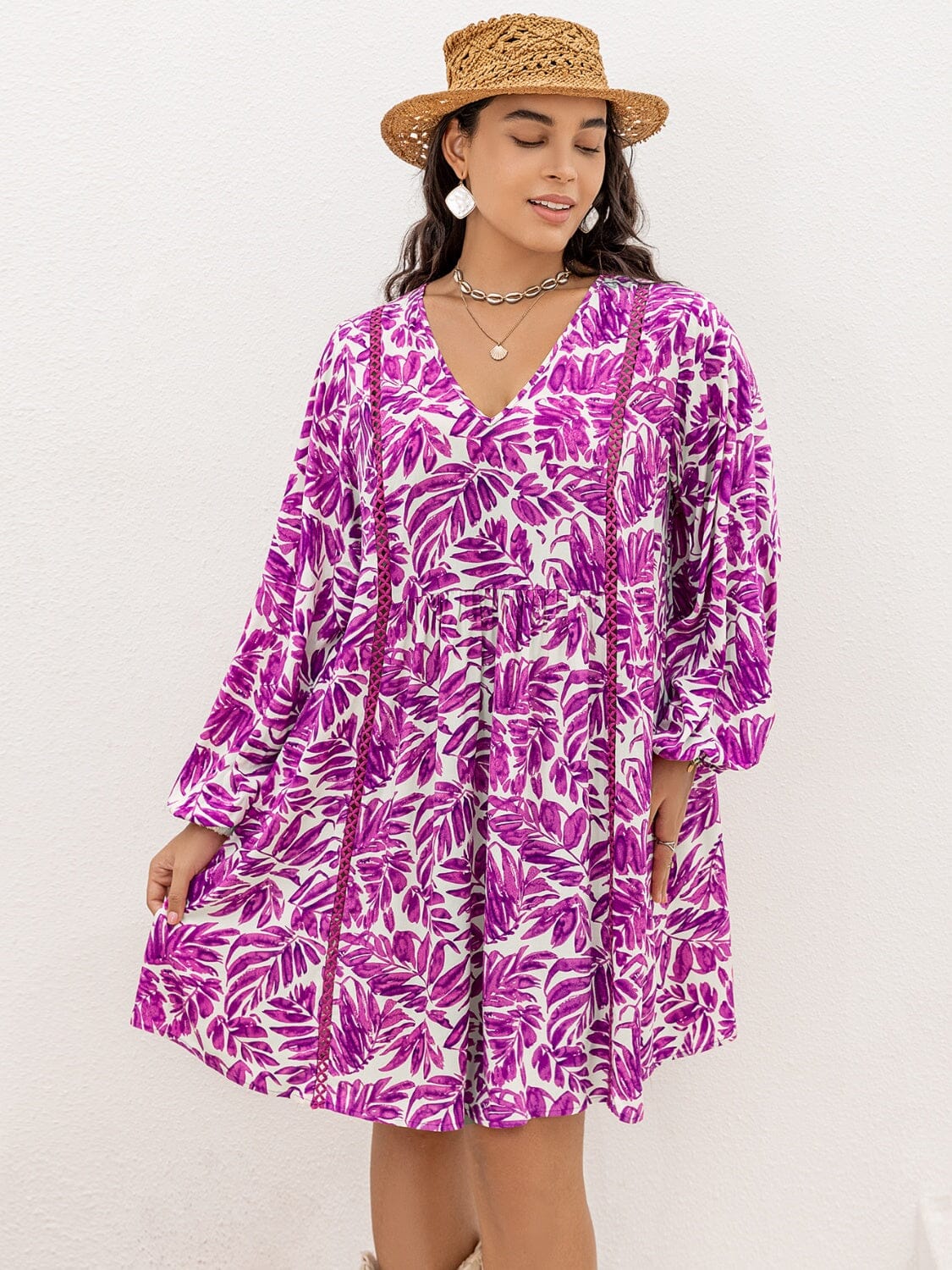 Plus Size Printed V-Neck Balloon Sleeve Mini Dress - Sydney So Sweet