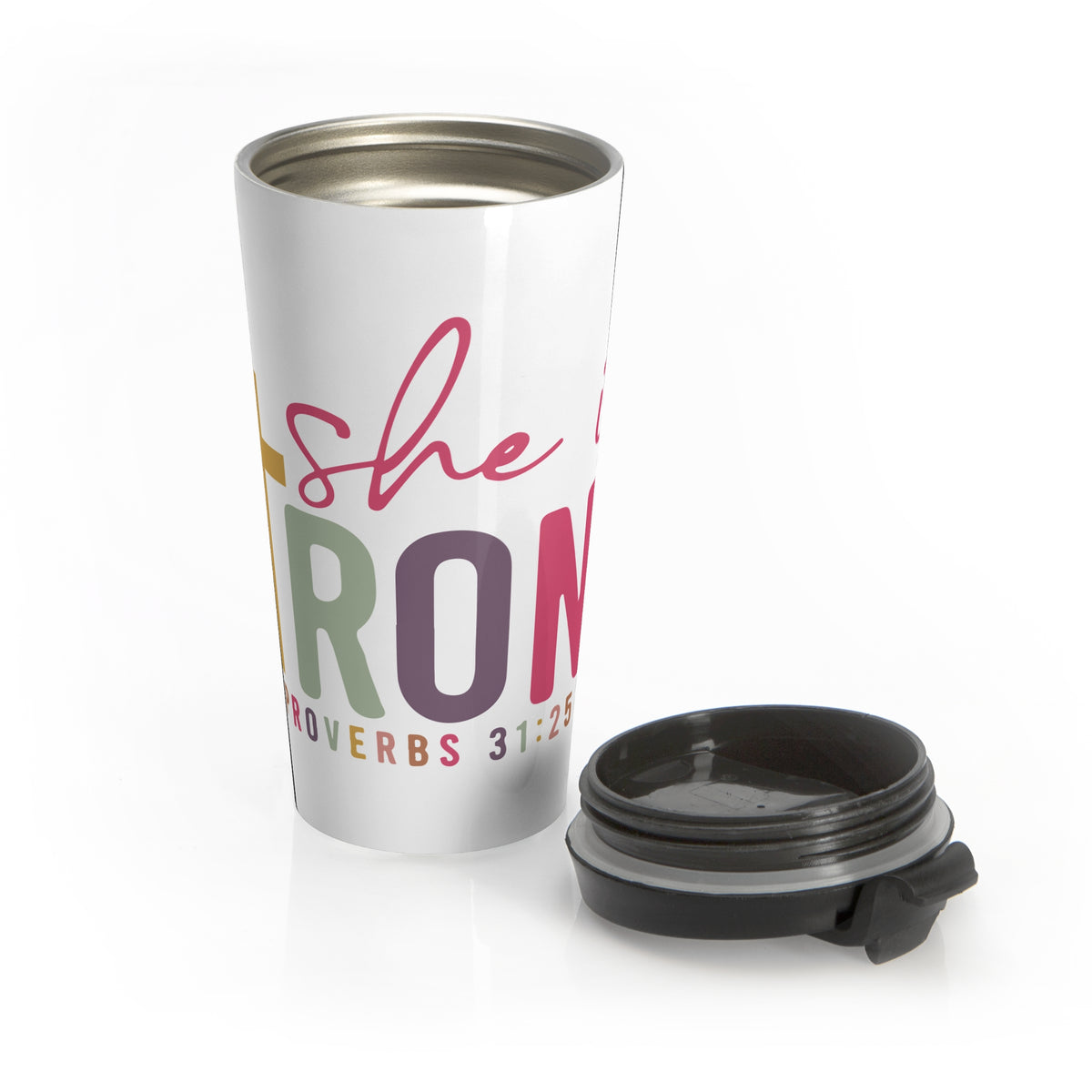 She Is Strong Travel Mug Proverbs 31:25 Inspirational Stainless Steel Tumbler