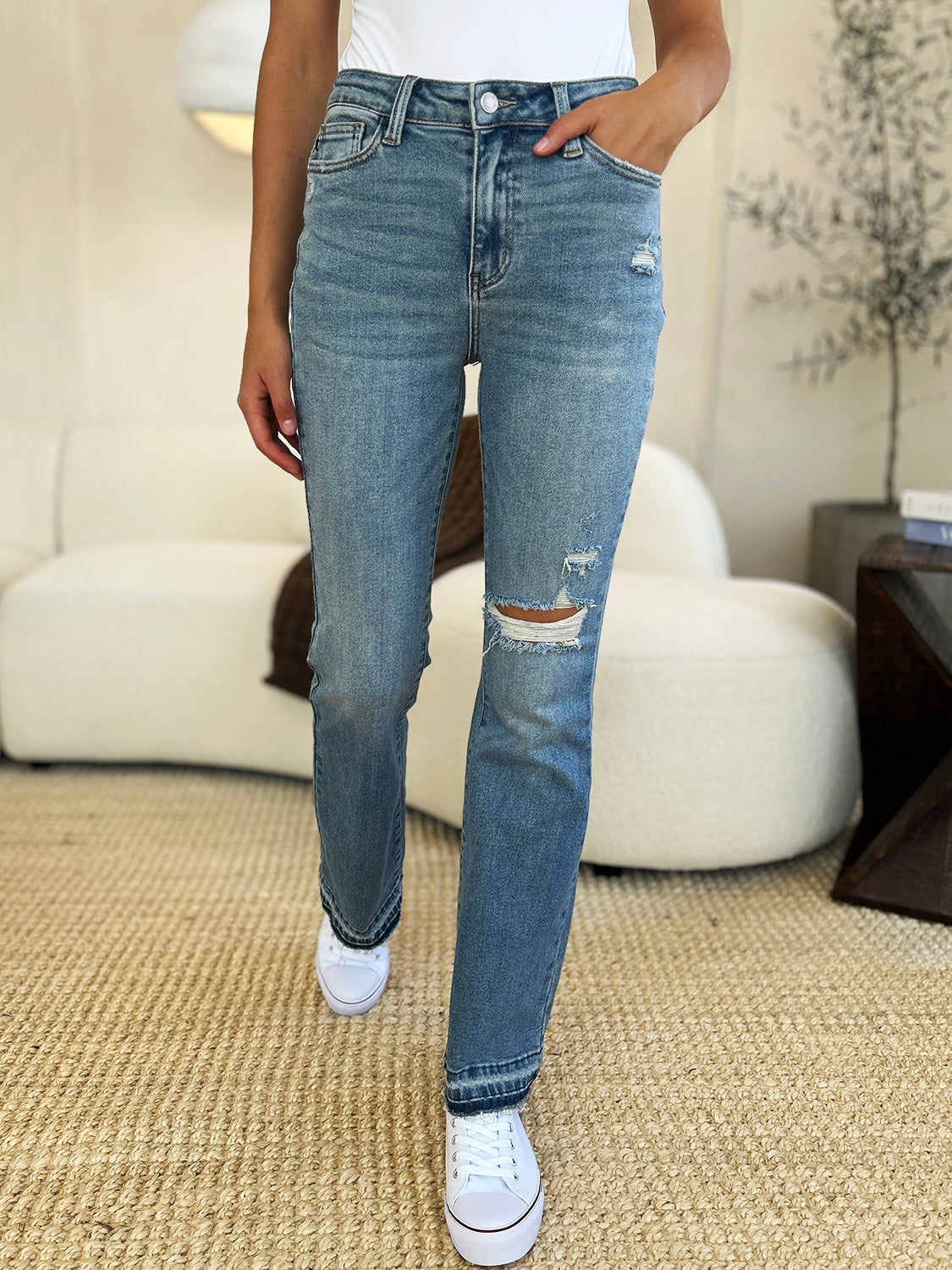 Judy Blue Full Size Mid Rise Destroyed Hem Distressed Jeans - Sydney So Sweet