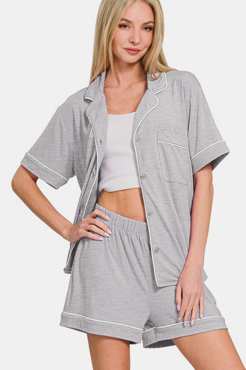 Zenana Button Down Short Sleeve Top and Shorts Lounge Set - Sydney So Sweet