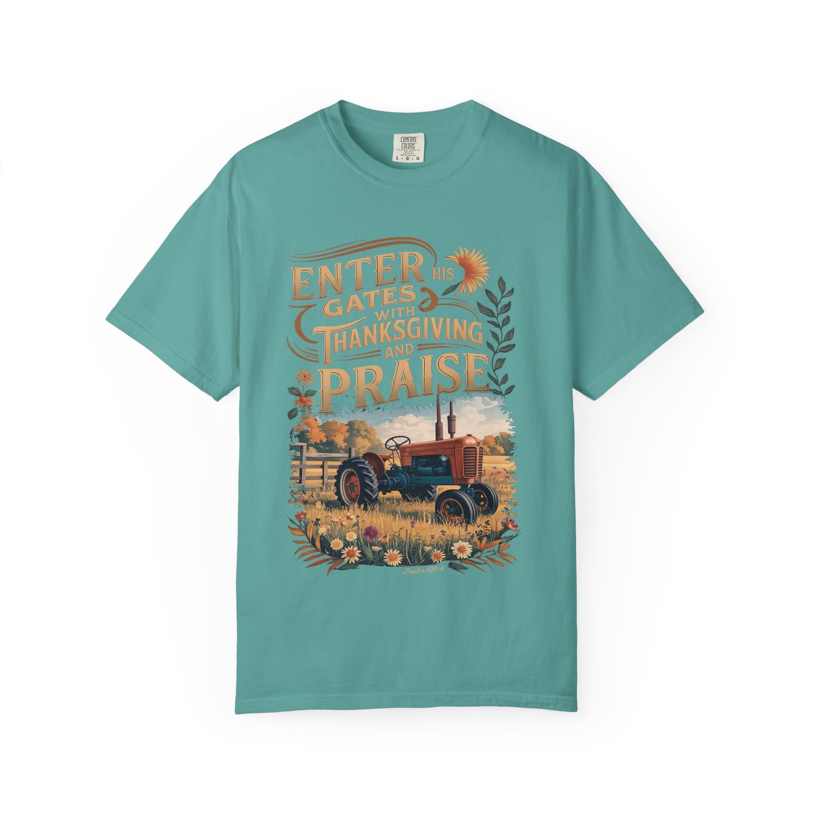 Enter His Gates with Thanksgiving and Praise Tractor T-Shirt Fall Christian Tee