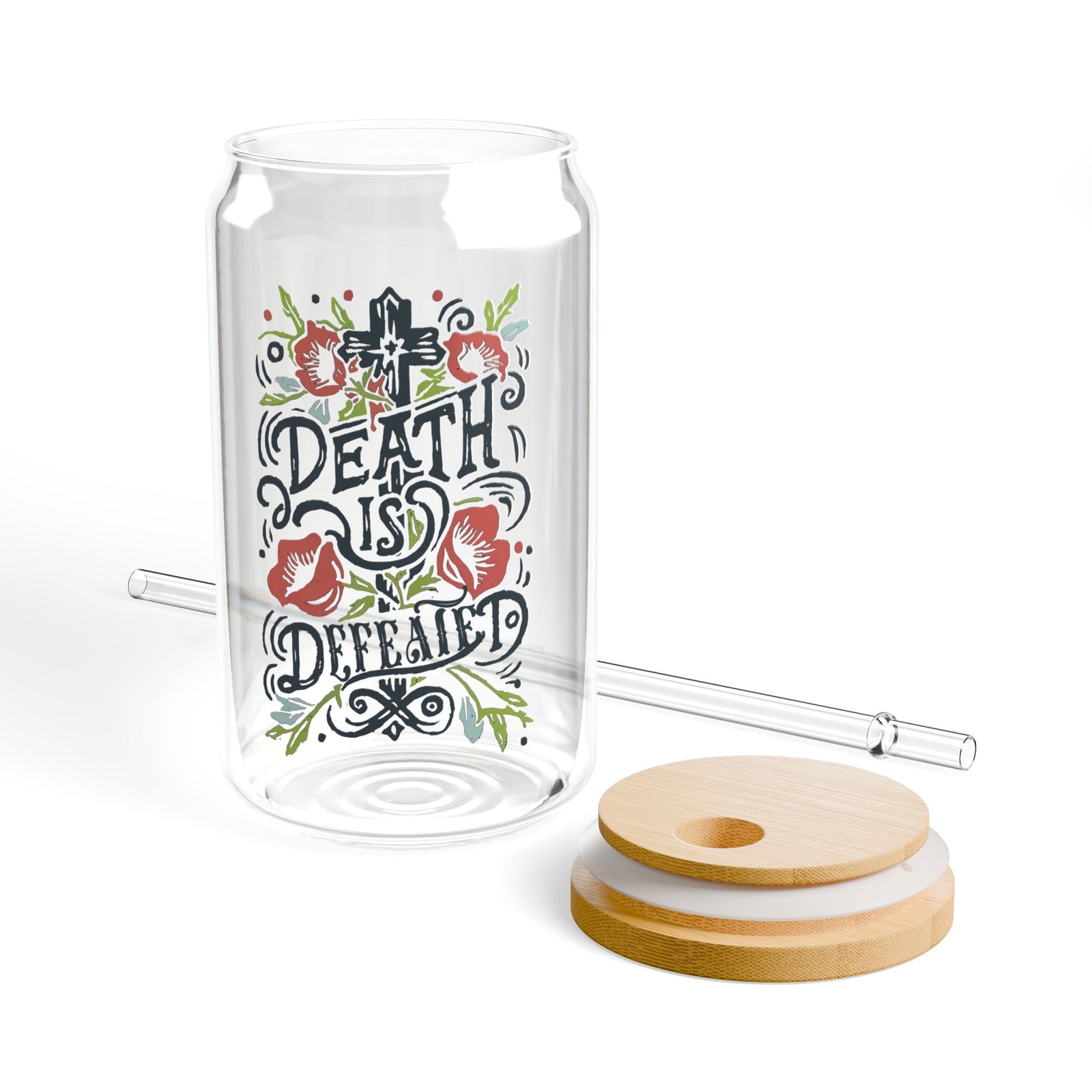 Death Is Defeated Christian Sipper Glass 16oz Reusable Drink Jar with Lid & Straw