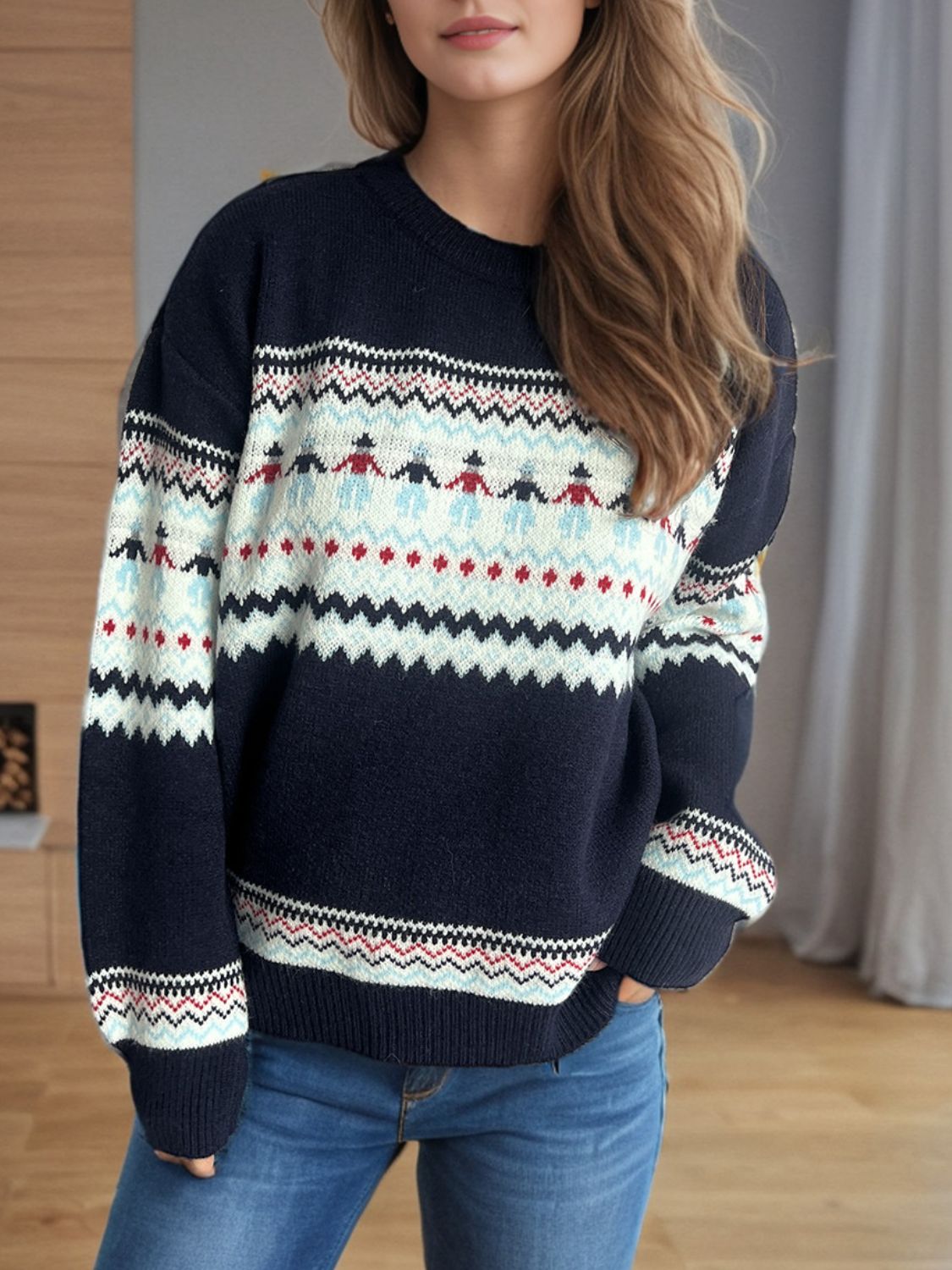 Contrast Round Neck Dropped Shoulder Sweater - Sydney So Sweet