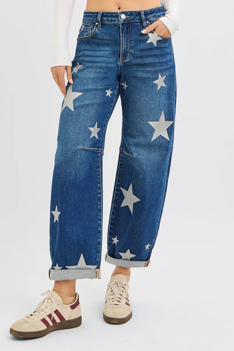 RISEN Mid Rise Ankle Length Relaxed Barrel Star Printed Jeans - Sydney So Sweet