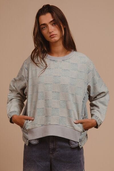 BiBi Mineral Washed Checkered Round Neck Denim Top - Sydney So Sweet