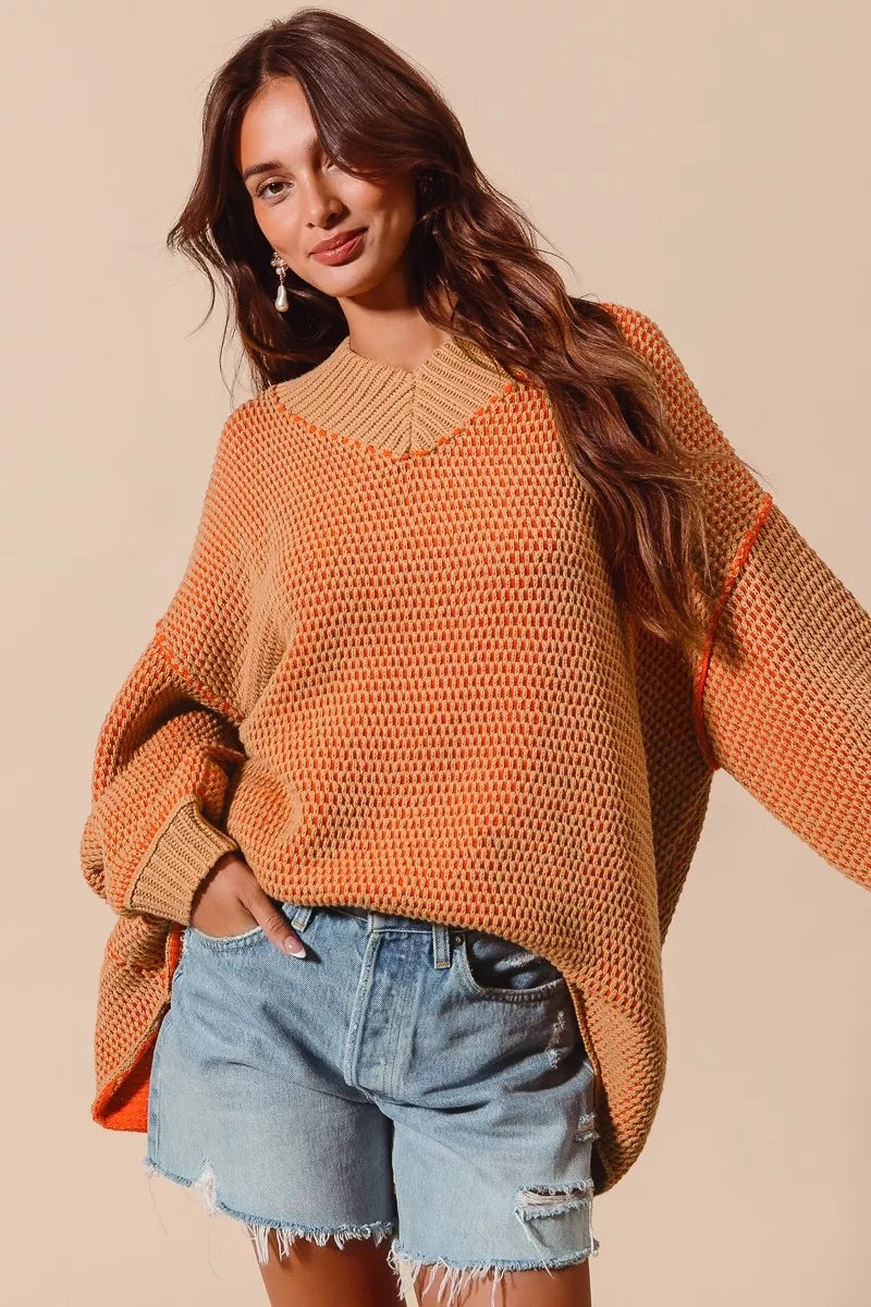 SO ME Oversized Two Tone Textured V Neck Sweater - Sydney So Sweet