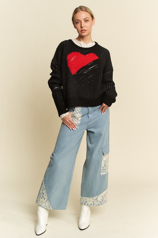 Davi & Dani Contrast Heart Dropped Shoulder Sweater - Sydney So Sweet