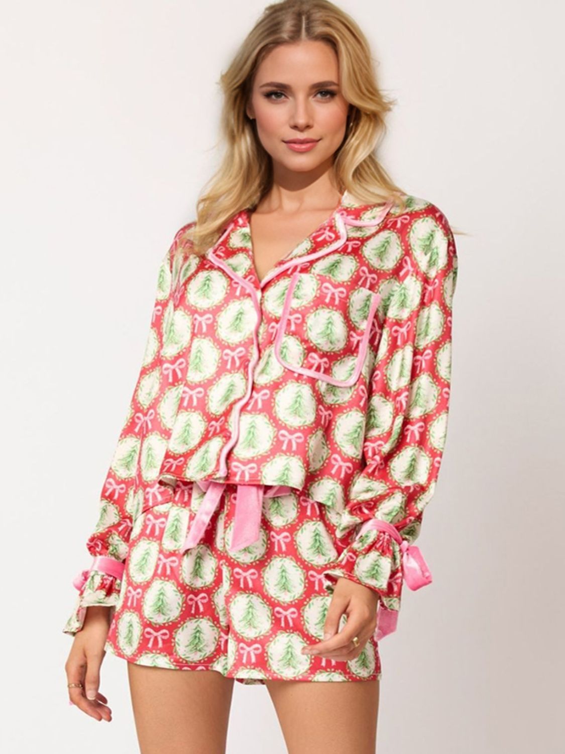 Tied Printed Collared Neck Long Sleeve Top and Shorts Set - Sydney So Sweet