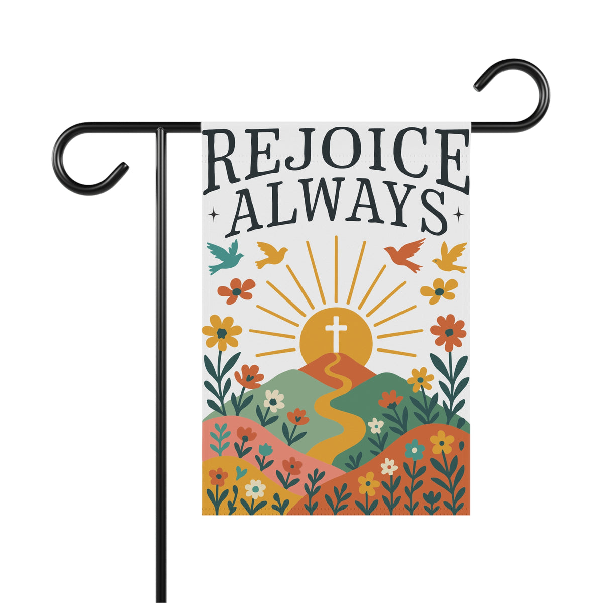 Rejoice Always Garden Flag Christian Banner with Cross & Floral Sunrise