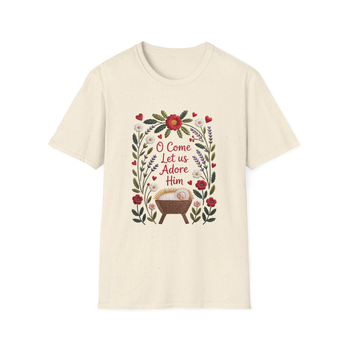 O Come Let Us Adore Him Christmas Tee Faux Embroidery Christian T-Shirt
