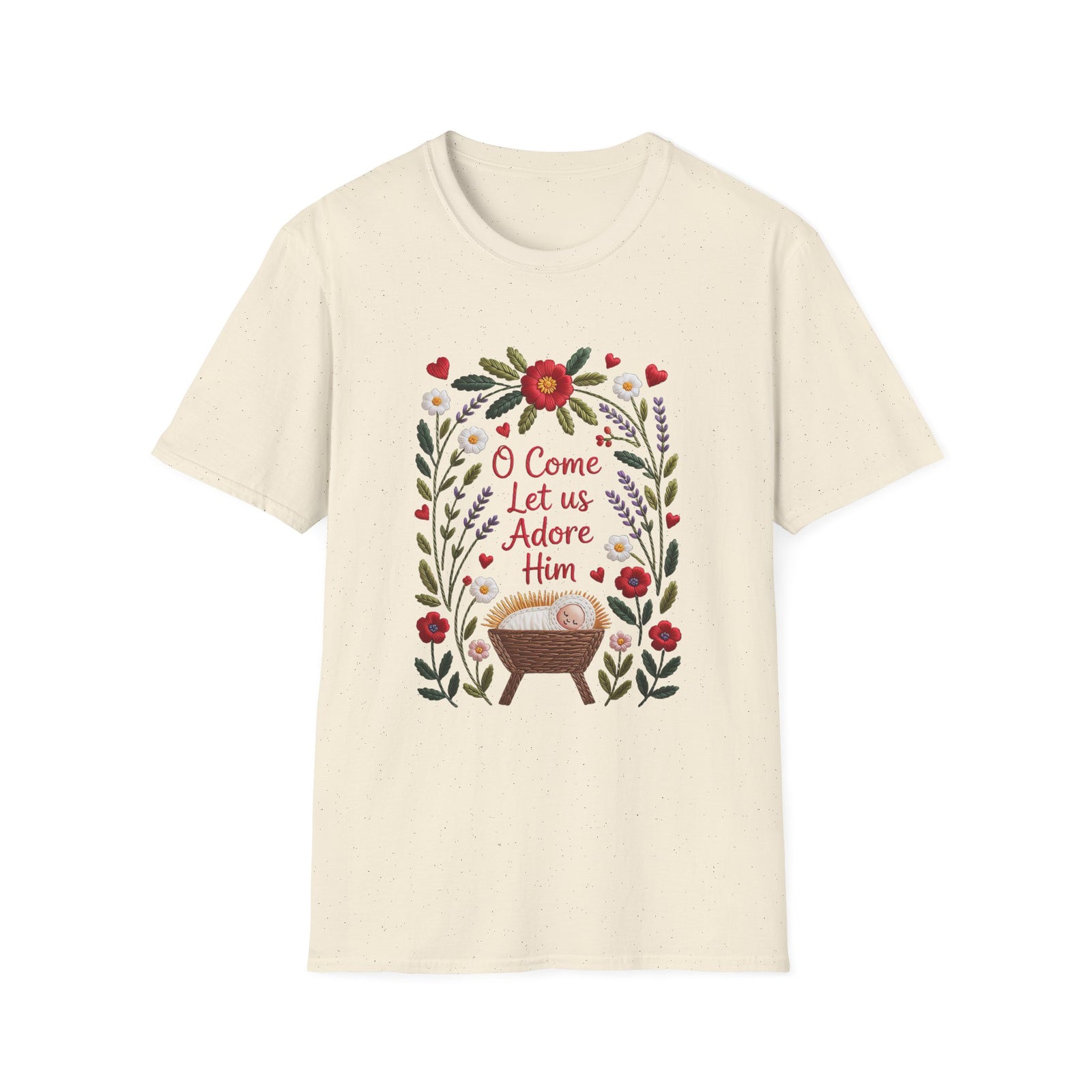 O Come Let Us Adore Him Christmas Tee Faux Embroidery Christian T-Shirt