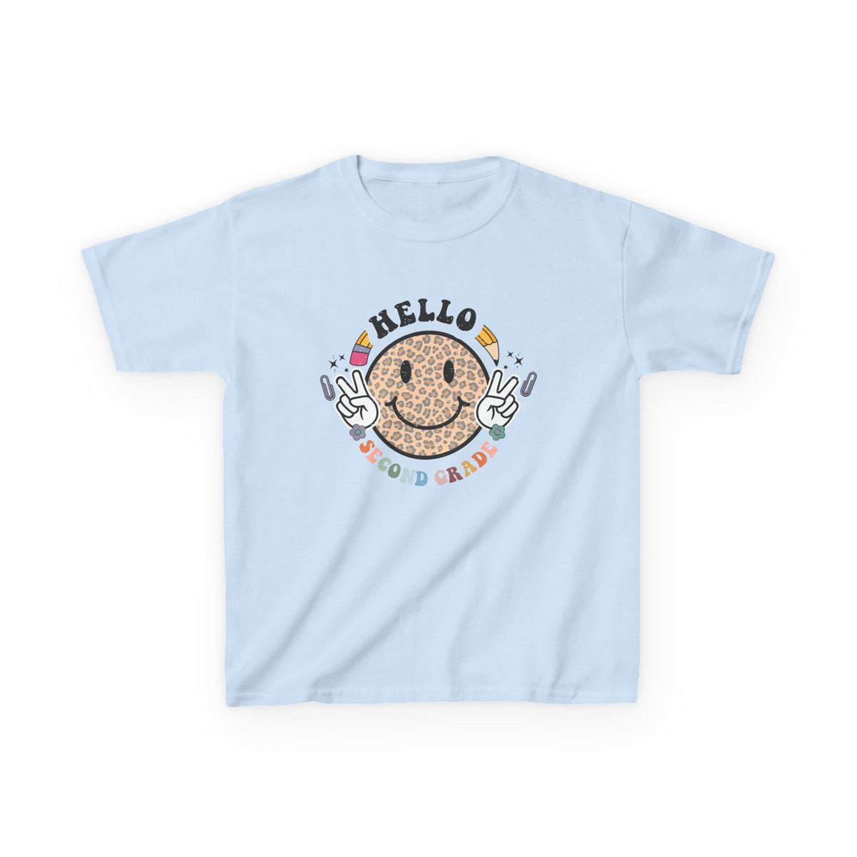 Second Grade Cheetah Smiley Face Graphic Tee Back-to-School 2nd Grade Kids T-Shirt