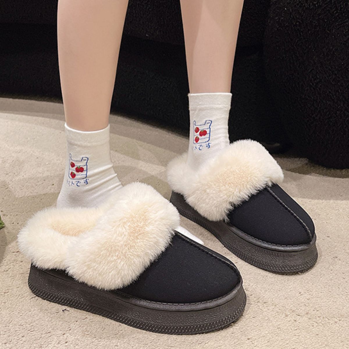 Suede Faux Fur Round Toe Platform Slippers - Sydney So Sweet