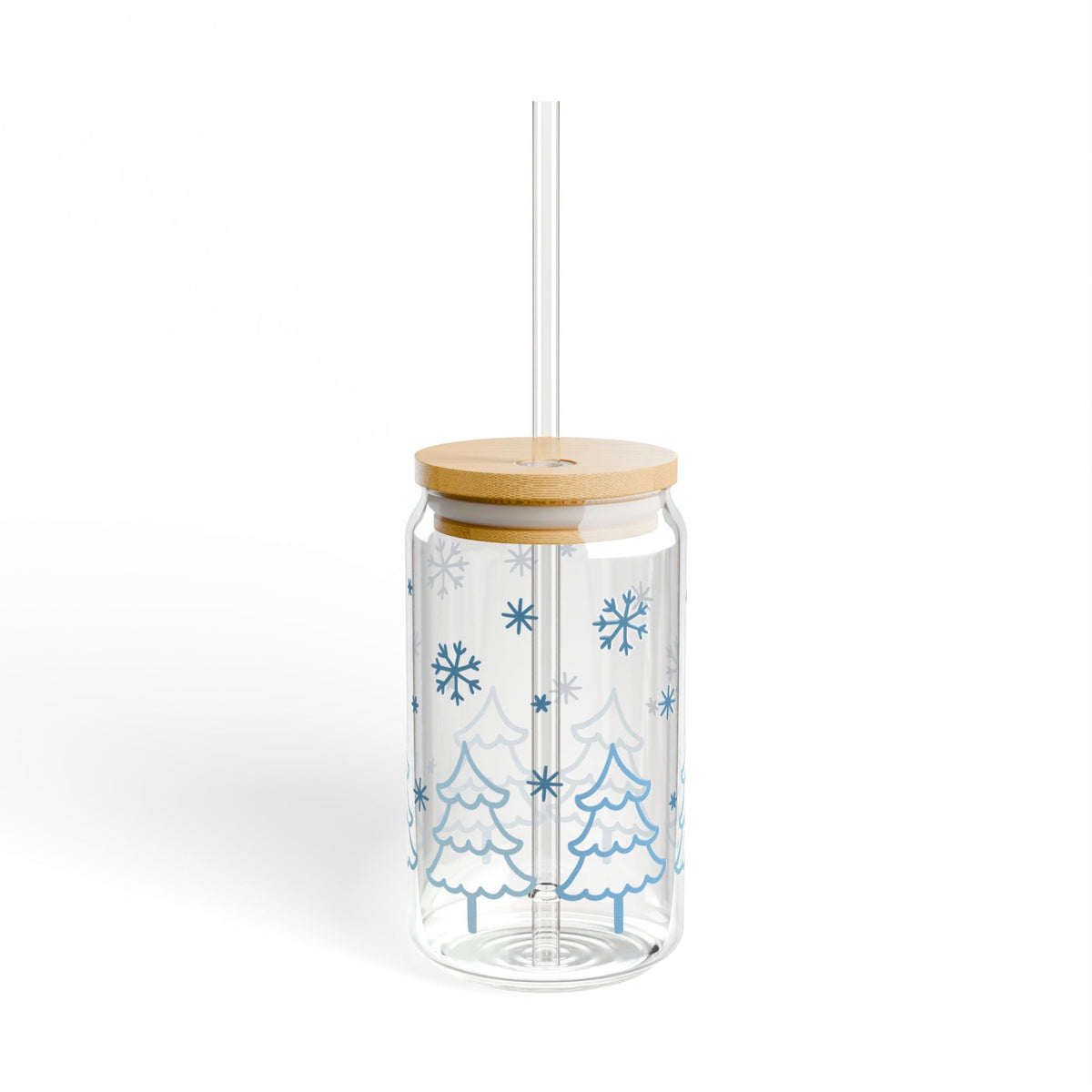 Snow Day Winter Christmas 16 oz reusable glass drink jar with lid and straw