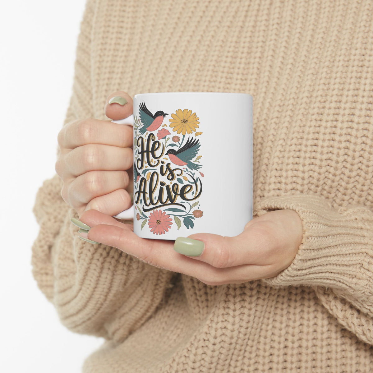 He is Alive Floral Birds Easter Christian Ceramic Mug Coffee Cup (11oz & 15oz)