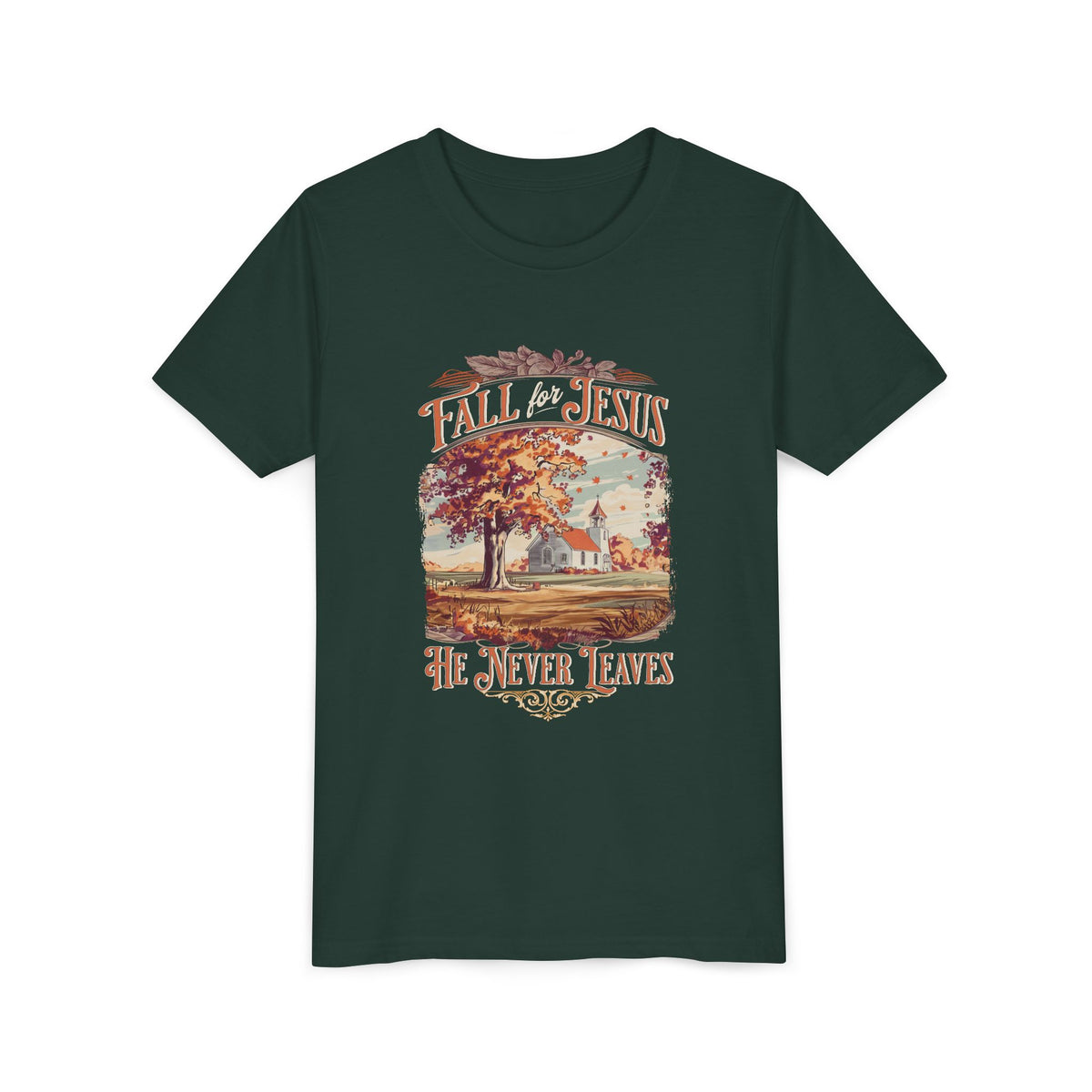 Fall for Jesus Kids T-Shirt He Never Leaves Youth Christian Graphic Tee