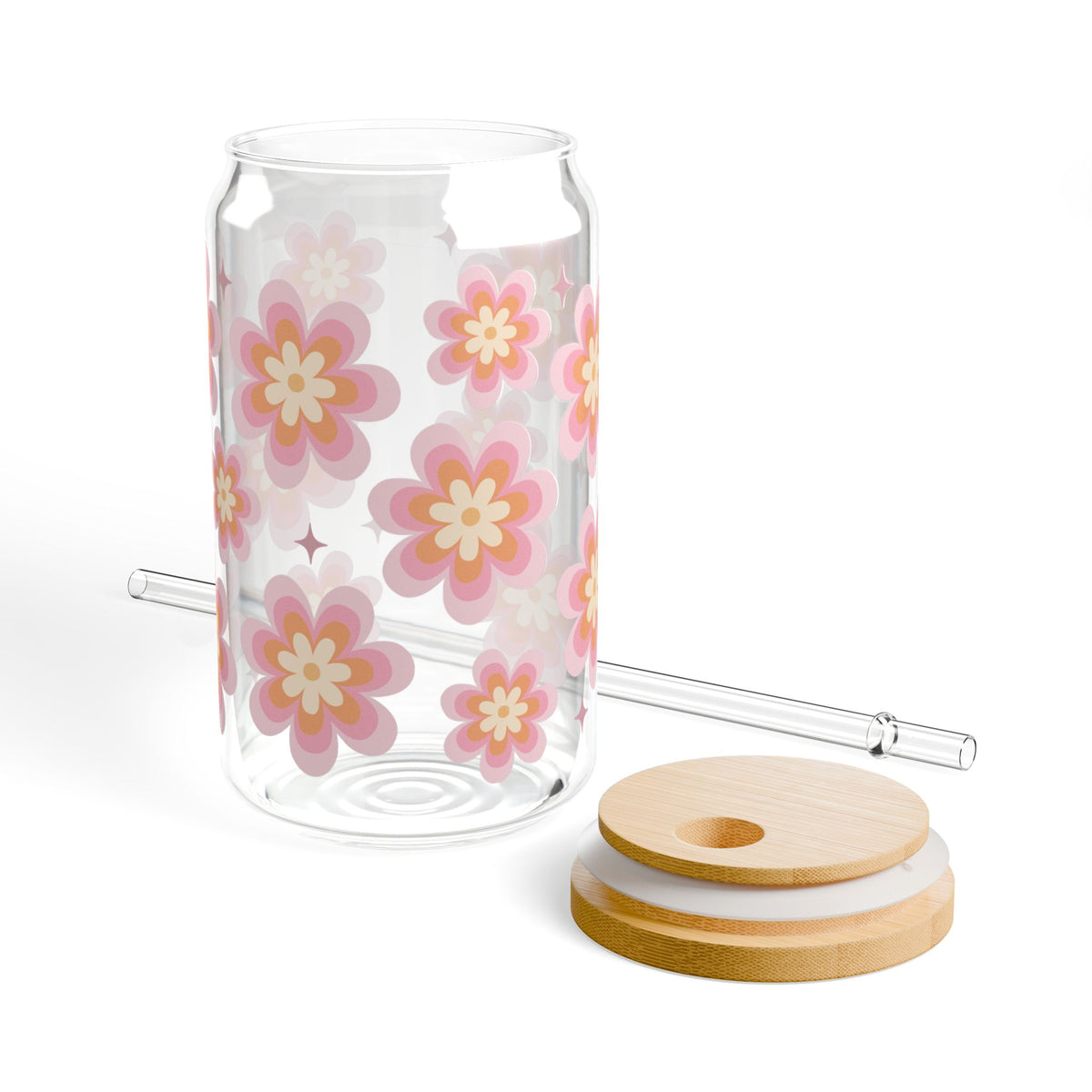 Groovy Flower Sipper Glass 16oz — Reusable Drink Jar with Lid & Straw