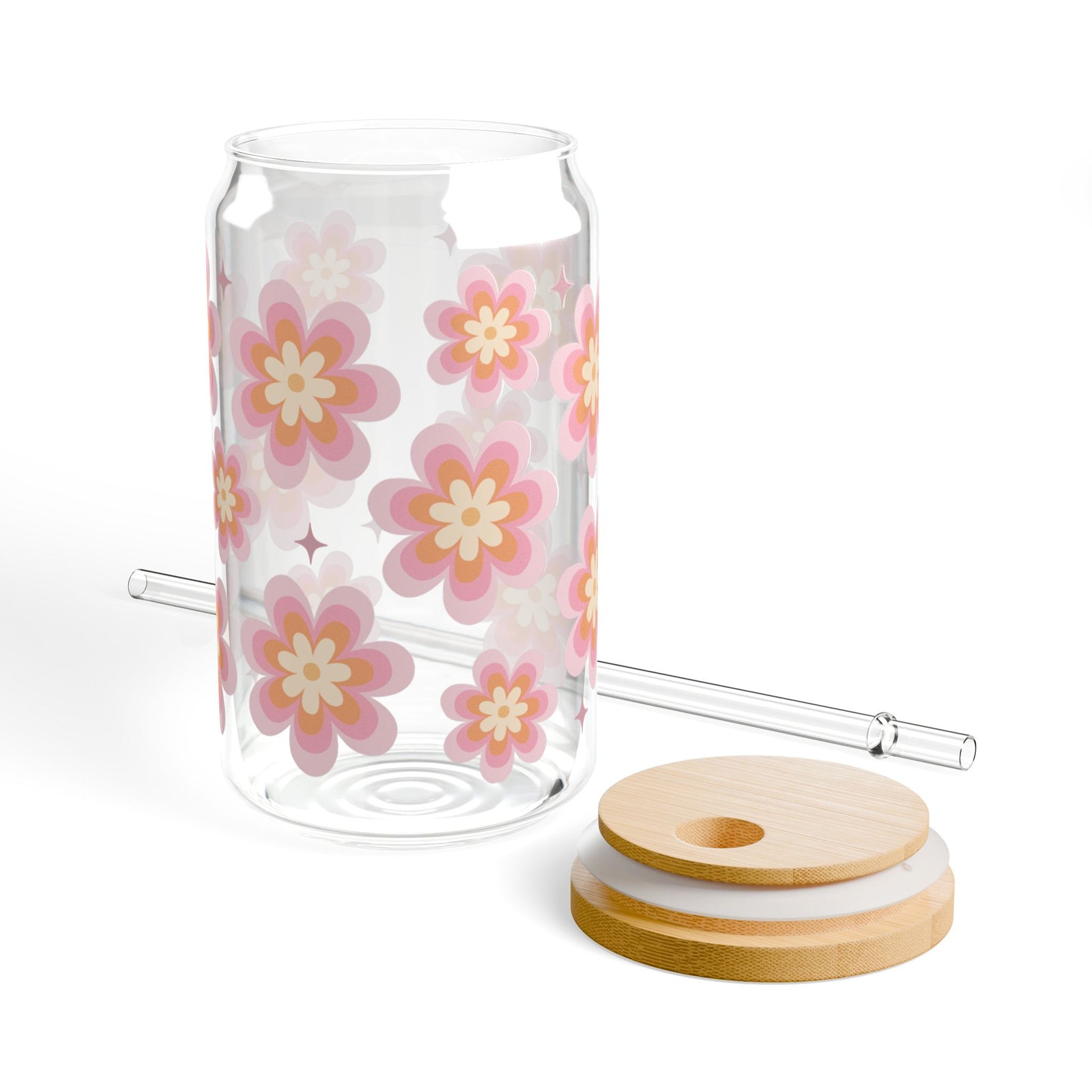 Groovy Flower Sipper Glass 16oz — Reusable Drink Jar with Lid & Straw
