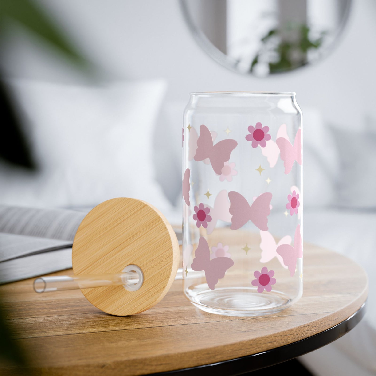 Butterflies & Daisies Tumbler Sipper Glass 16oz — Reusable Drink Jar with Lid & Straw