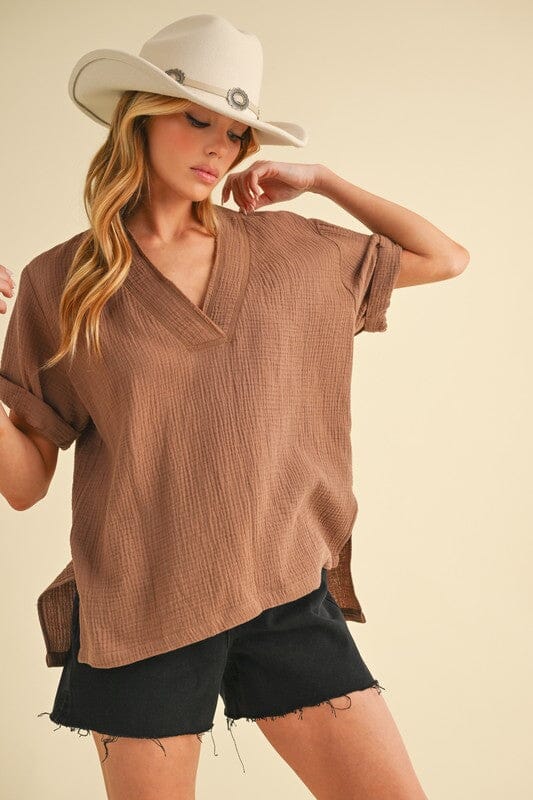 Aemi + Co Side Slit V-Neck Short Sleeve Blouse - Sydney So Sweet