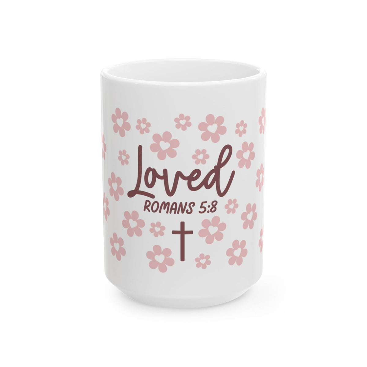 Loved Romans 5:8 Ceramic Mug — Floral Christian Inspirational Coffee Cup