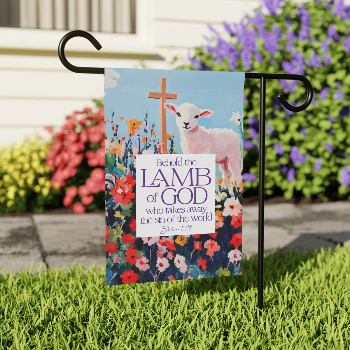 Behold the Lamb of God Garden Flag Easter Floral Lamb Bible Verse Banner
