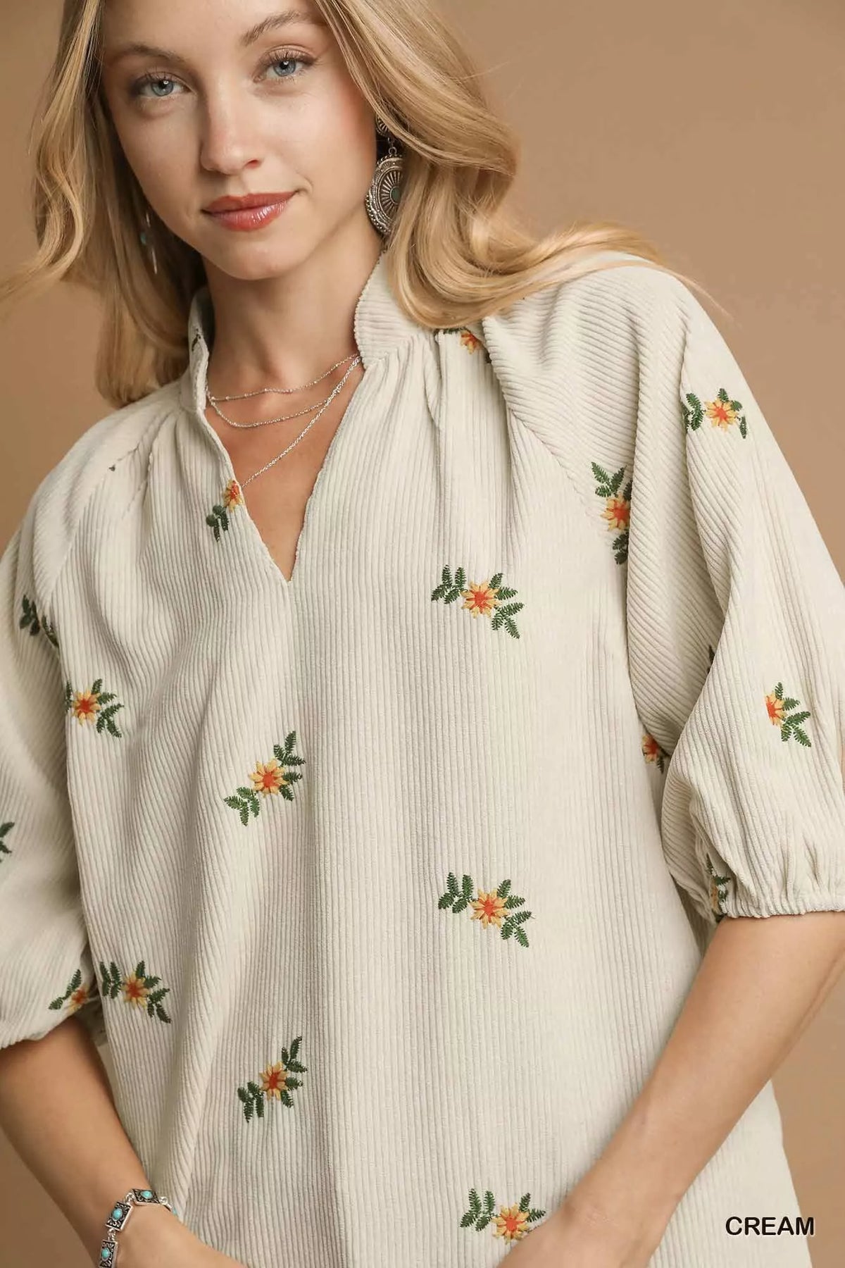 Umgee Corduroy Floral Embroidered Puff Sleeve Blouse - Sydney So Sweet