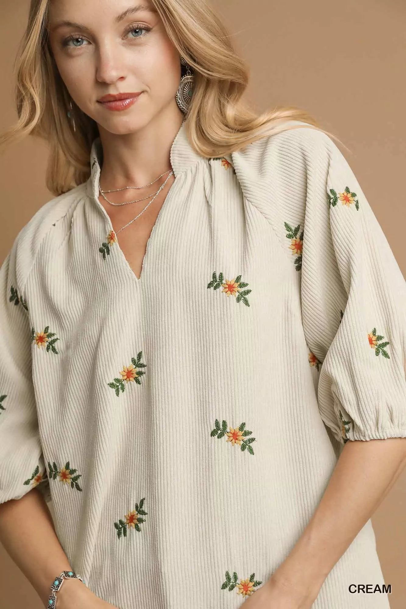 Umgee Corduroy Floral Embroidered Puff Sleeve Blouse - Sydney So Sweet