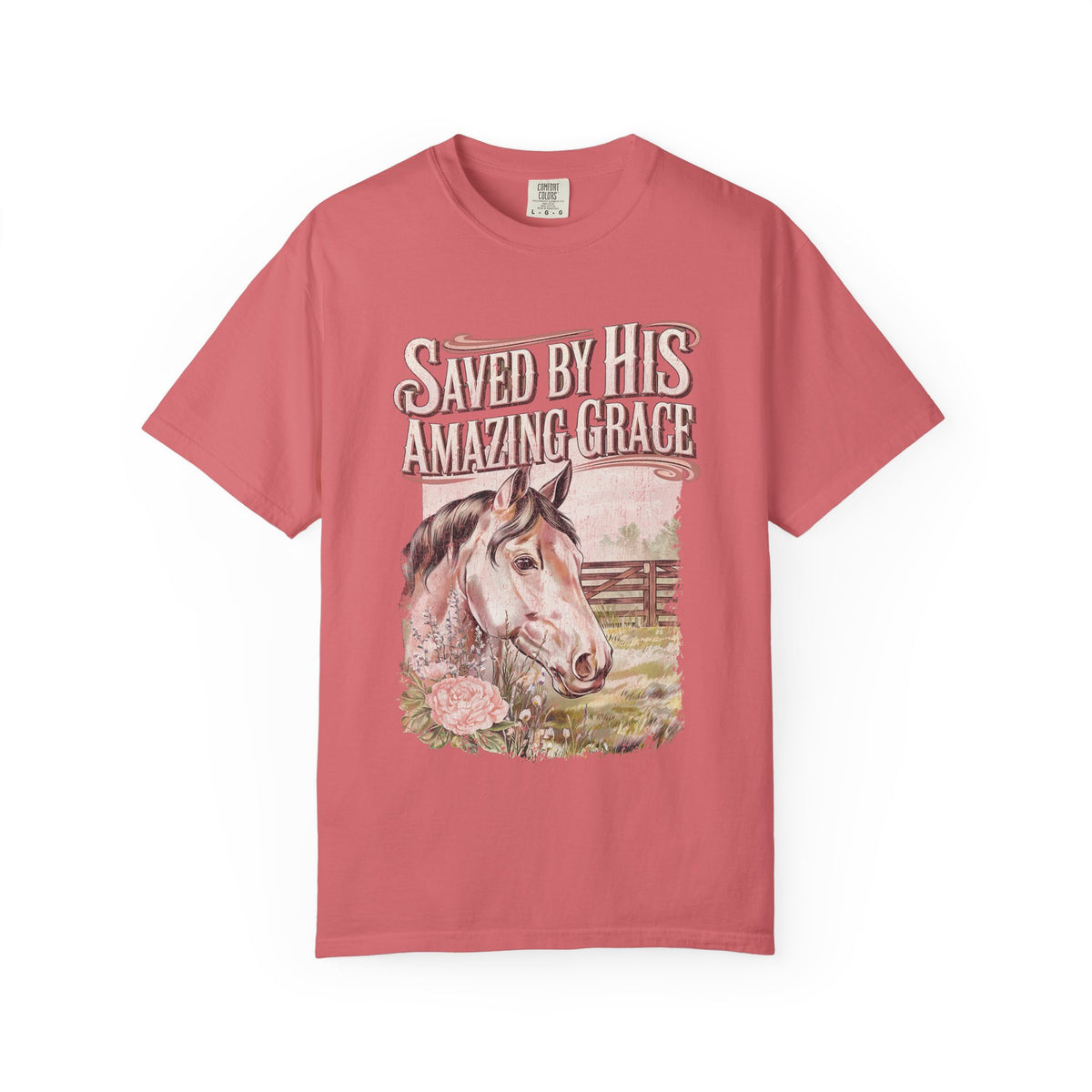Saved By His Amazing Grace Horse Christian Tee Distressed Graphic T-Shirt
