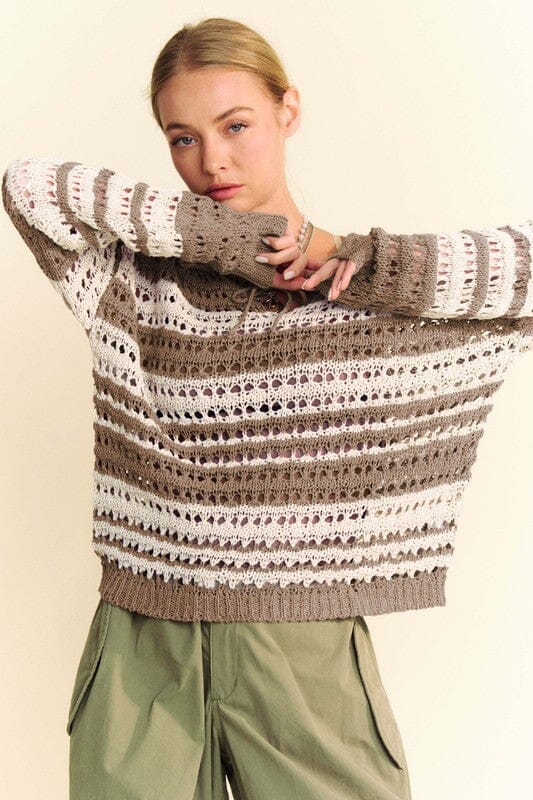 Davi & Dani Contrast Striped Crochet Drop Shoulder Knit Cover Up - Sydney So Sweet