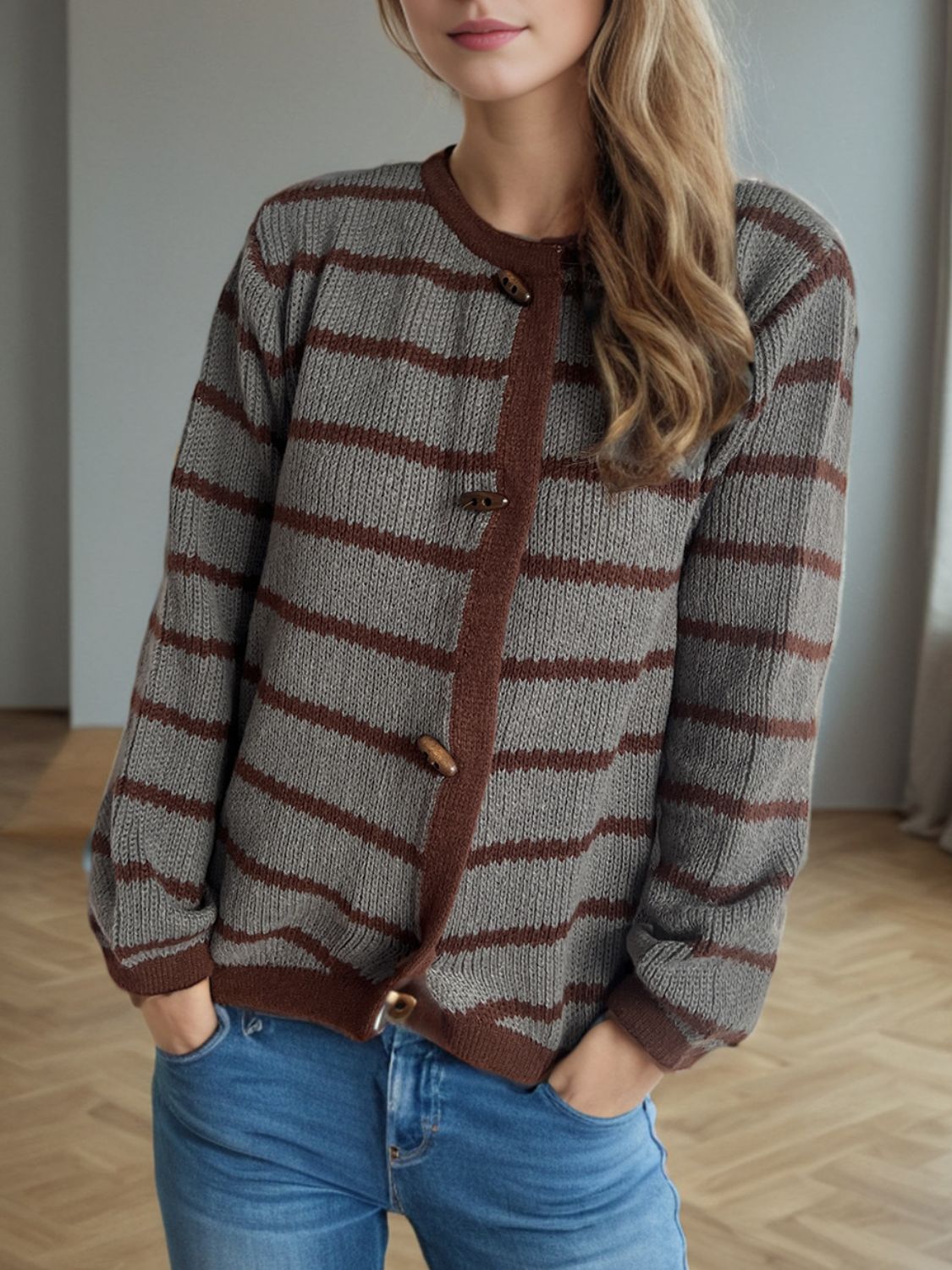 Striped Round Neck Long Sleeve Cardigan - Sydney So Sweet