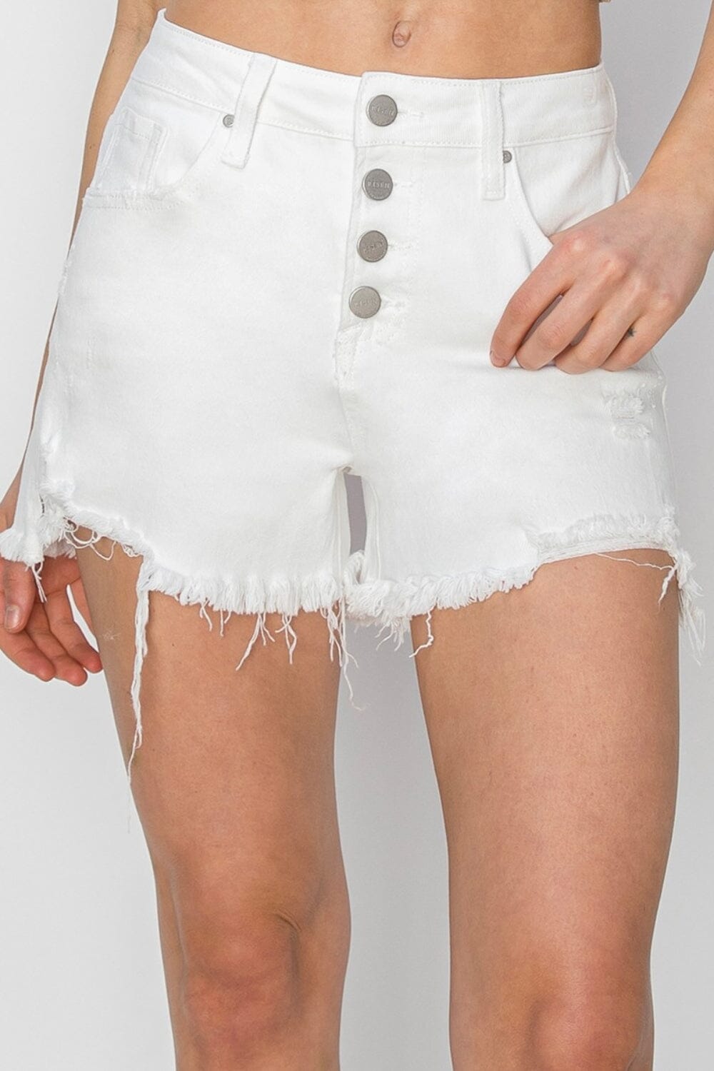 RISEN Button Fly Frayed Hem Denim Shorts - Sydney So Sweet