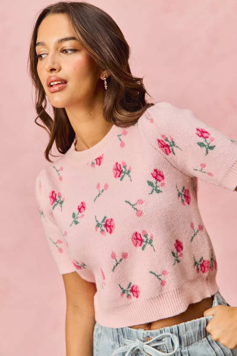 SO ME Floral Pattern Knit Puff Sleeves Sweater Top - Sydney So Sweet